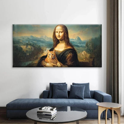 Mona Lisa with Cat Wall Art Canvas Office Home Room Framed 120x60cm