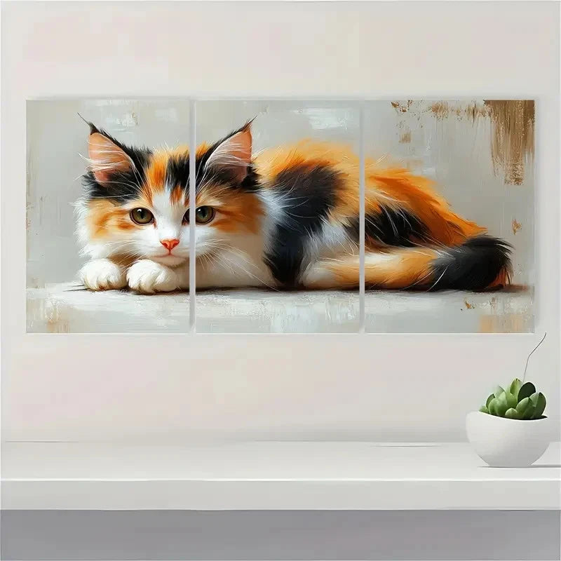 3pcs Calico Kitten Painting Black Orange White Metal Print Ready to Hang Art - Bella Home Decor