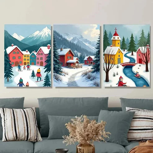 3pcs Village Triptych Vibrant Snowy Mountain Wall Art Set Canvas Unframed - High Quality Print 100% Australian Made Wall Canvas