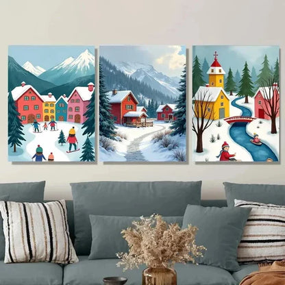 3pcs Village Triptych Vibrant Snowy Mountain Wall Art Set Canvas Unframed - High Quality Print 100% Australian Made Wall Canvas