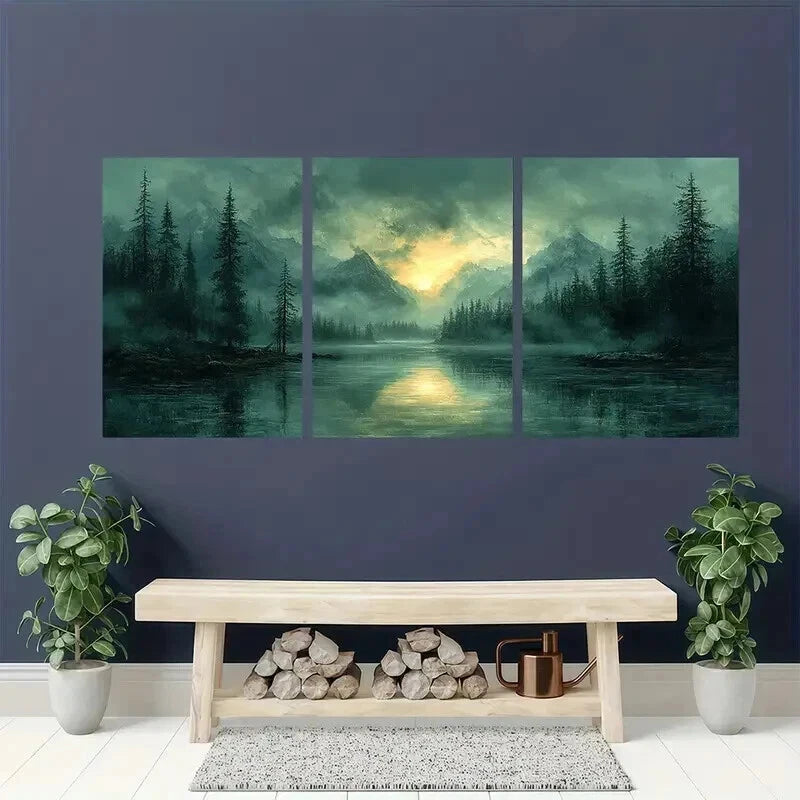 3pcs Trees Mountains & Lake Vintage Nature Wall Art Set Canvas Framed 50x70cm - High Quality Print 100% Australian Made Wall Canvas Ready to Hang - Bella Home Decor