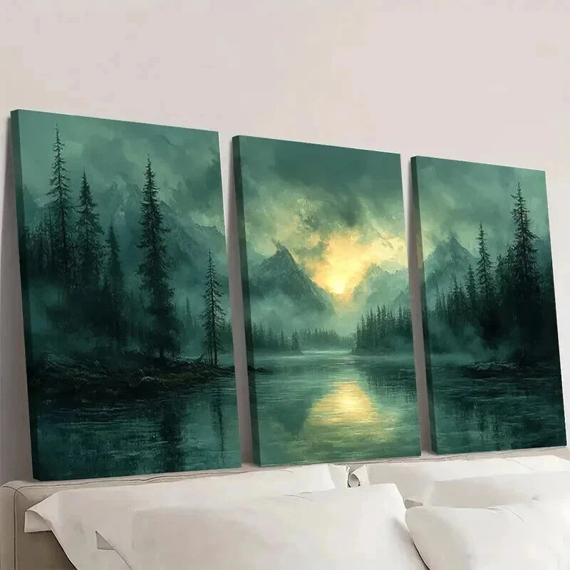 3pcs Trees Mountains & Lake Vintage Nature Wall Art Set Canvas Framed 60x90cm - High Quality Print 100% Australian Made Wall Canvas Ready to Hang - Bella Home Decor