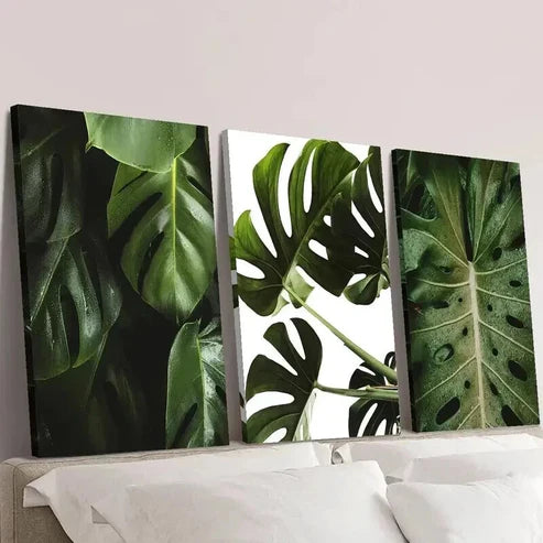 3pcs Green Monstera Deliciosa Leaves Wall Art Canvas Unframed - High Quality Print 100% Australian Made Wall Canvas