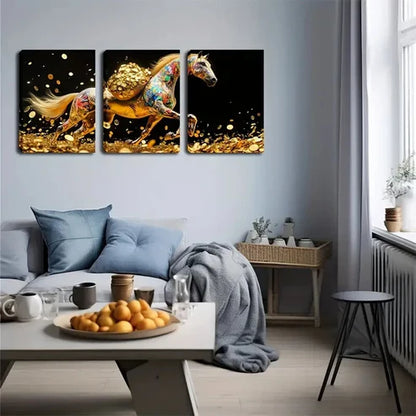 3pcs Walking Horse in Golden Coins Abstract Wall Art Set Canvas Unframed - High Quality Print 100% Australian Made Wall Canvas