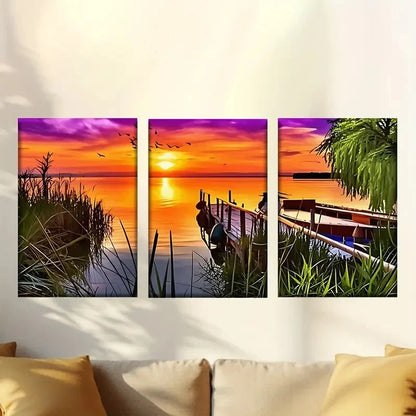 3pcs Serene Lake Sunset Scene with Boat Wall Art Set Canvas Framed 50x70cm - High Quality Print 100% Australian Made Wall Canvas Ready to Hang