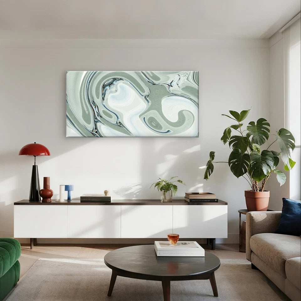 Modern Abstract Sage Green and White Fluid Wall Art Canvas Office Home Framed 120x60cm