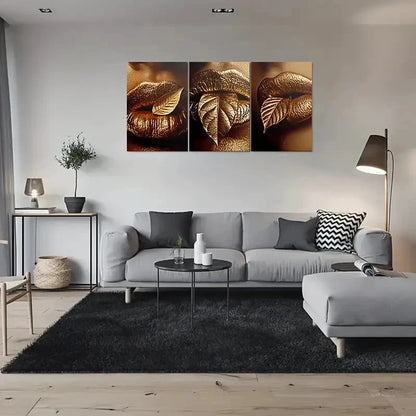 3pcs Golden Leaf Lips Triptych Metal Print Ready to Hang Art - Bella Home Decor