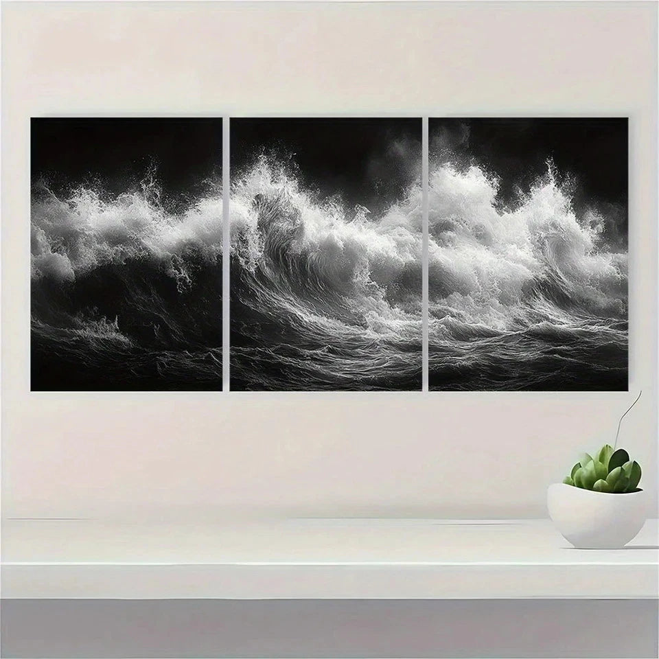 3pcs Black and White Tidal Waves Metal Print Ready to Hang Art - Bella Home Decor