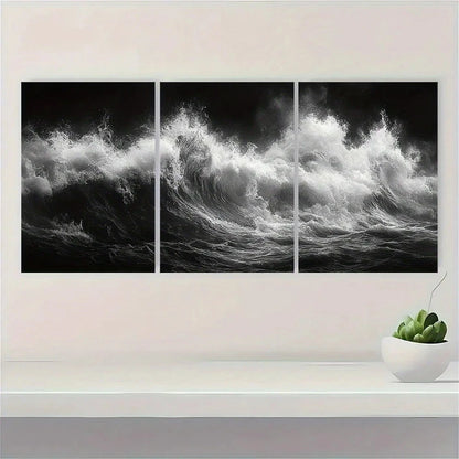 3pcs Black and White Tidal Waves Metal Print Ready to Hang Art - Bella Home Decor