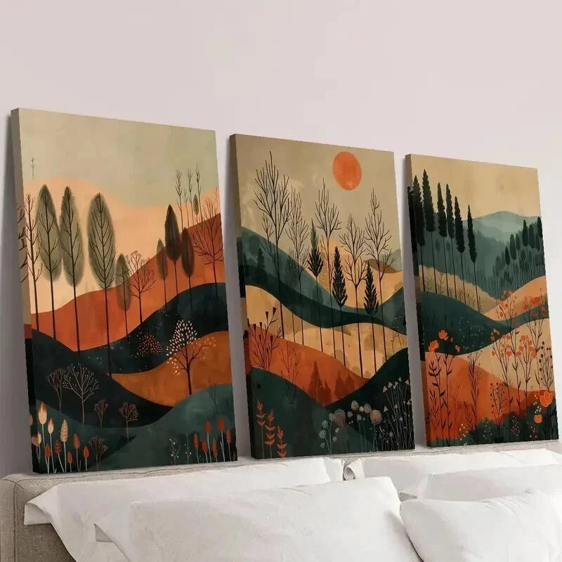 3pcs Colorful Autumn Sunset Forest & Mountain Wall Art Set Canvas Framed 60x90cm - High Quality Print 100% Australian Made Wall Canvas Ready to Hang