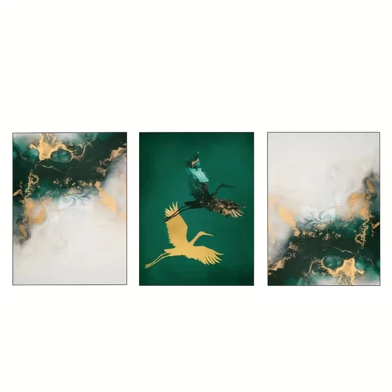 3pcs Jade Green and Golden Fluid Ink Abstract Wall Art Set Canvas Framed 60x90cm - High Quality Print 100% Australian Made Wall Canvas Ready to Hang