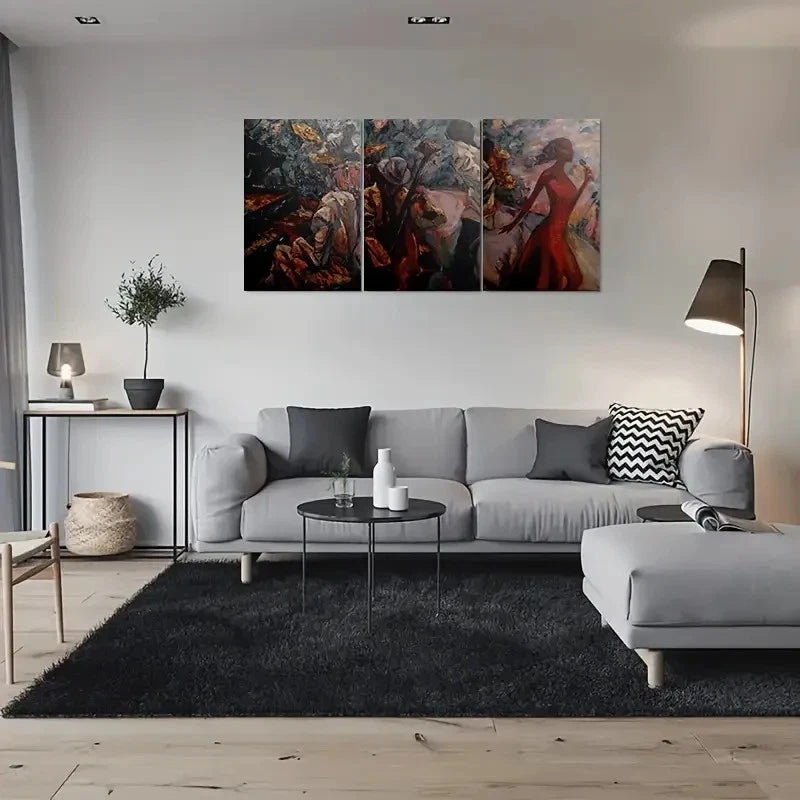 3pcs Modern Abstract Red Dressed Woman Metal Print Ready to Hang Art