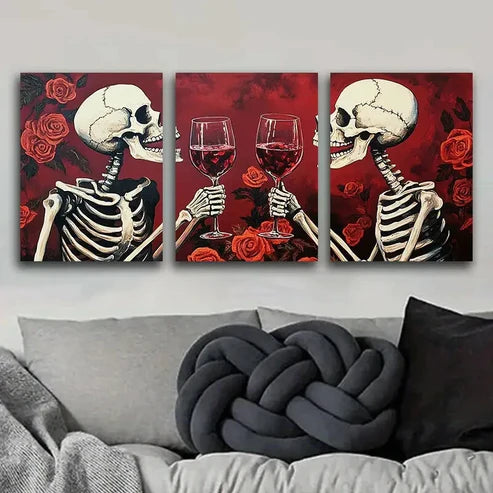 3pcs Skeleton Wine Glasses Red Roses Perfect Wall Art Set Canvas Unframed - High Quality Print 100% Australian Made Wall Canvas