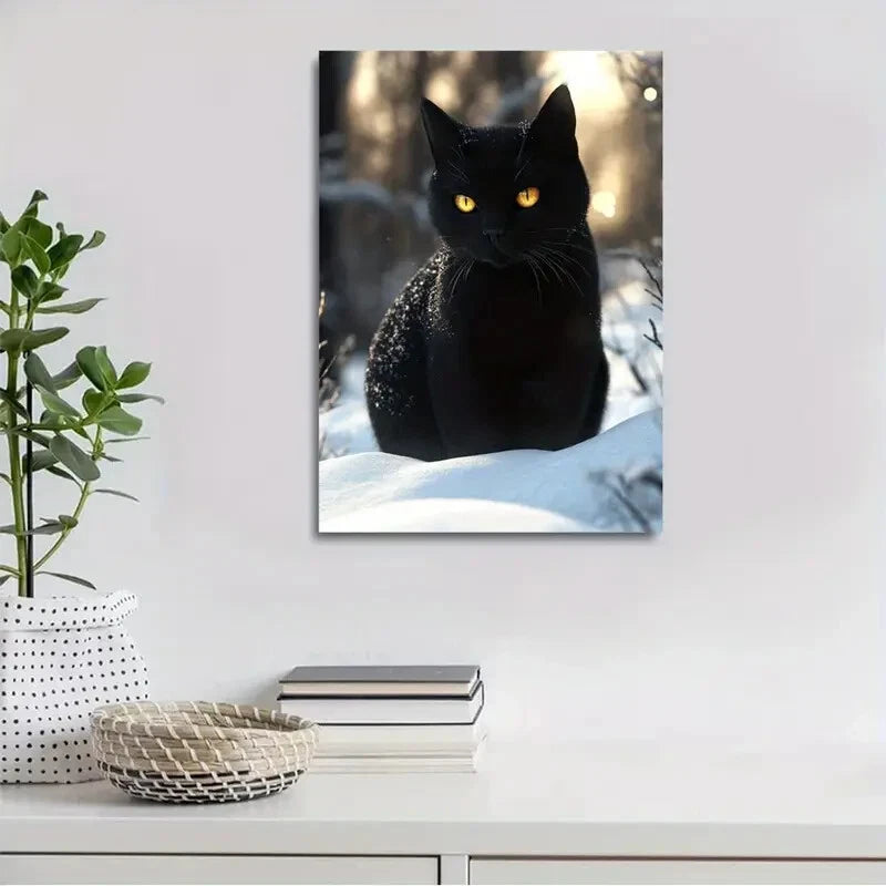 Beautiful Black Cat On The Snow Painting 40x60cm Metal Print Ready to Hang