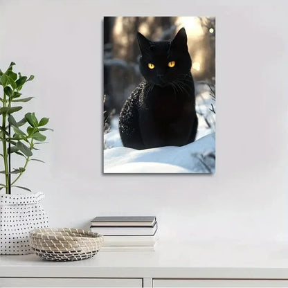 Beautiful Black Cat On The Snow Painting 40x60cm Metal Print Ready to Hang