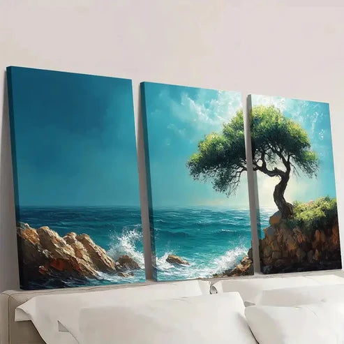 3pcs Turquoise Ocean Rocky Shore Clear Water  Wall Art Set Canvas Unframed - High Quality Print 100% Australian Made Wall Canvas