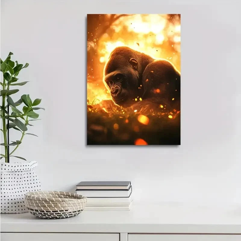 Stunning Gorilla Scene with Glowing Embers Painting 40x60cm Metal Print Ready to Hang - Bella Home Decor