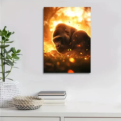 Stunning Gorilla Scene with Glowing Embers Painting 40x60cm Metal Print Ready to Hang - Bella Home Decor