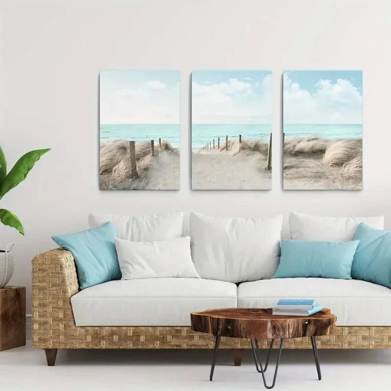 3pcs Beach Blue Sea Blue Sky Print Metal Print Ready to Hang Art
