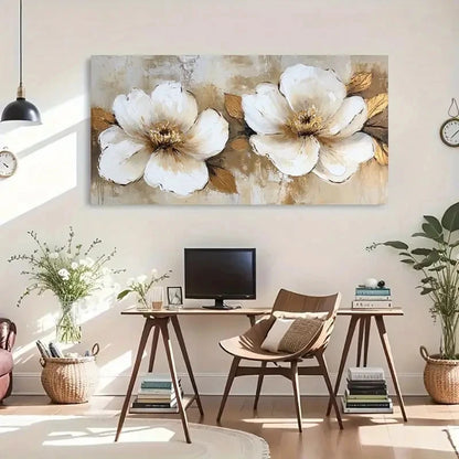 Golden Leaves White Flowers Wall Art Canvas Office Home Room Framed 120x60cm
