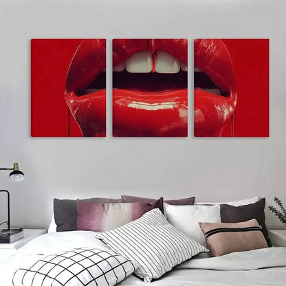 3pcs Vibrant Red Lips Glossy Liquid Drip    Wall Art Set Canvas Framed 50x70cm - High Quality Print 100% Australian Made Wall Canvas Ready to Hang