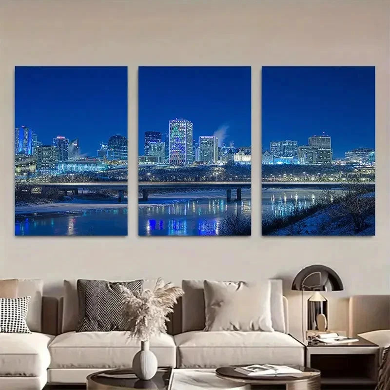 3pcs Blue Night Cityscape with Vibrant Lights Metal Print Ready to Hang Art - Bella Home Decor