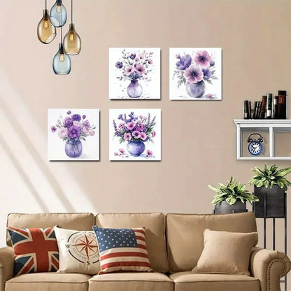 4pcs Purple Flower Arrangements In Vases Theme Wall Art Canvas Framed