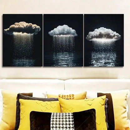 3pcs Featuring a Solitary Cloud with Rain Wall Art Set Canvas Unframed - High Quality Print 100% Australian Made Wall Canvas
