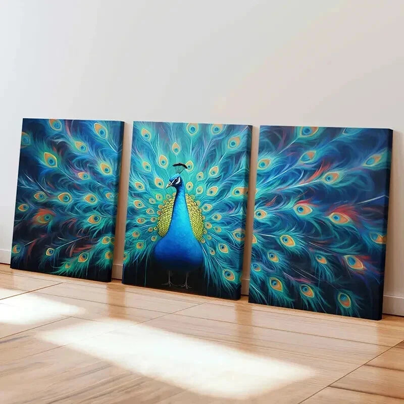3pcs Peacock In Full Bloom Abstract Aesthetic Wall Art Set Canvas Framed 40x60cm - High Quality Print 100% Australian Made Wall Canvas Ready to Hang - Bella Home Decor