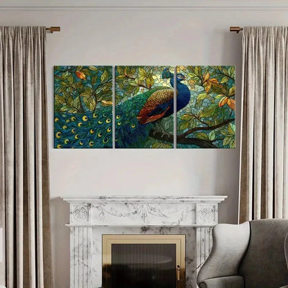 3pcs Vibrant Colors Glass Peacock Art  Wall Art Set Canvas Framed 50x70cm - High Quality Print 100% Australian Made Wall Canvas Ready to Hang