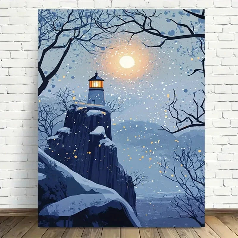 Beautiful Snowy Lighthouse Night Scene Painting 40x60cm Metal Print Ready to Hang - Bella Home Decor