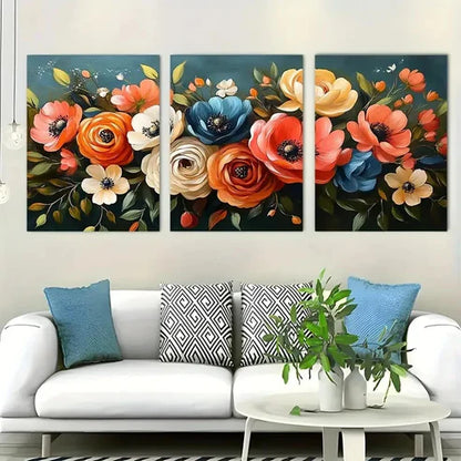 3pcs Bold Floral Bouquet Abstract Wall Art Set Canvas Unframed - High Quality Print 100% Australian Made Wall Canvas