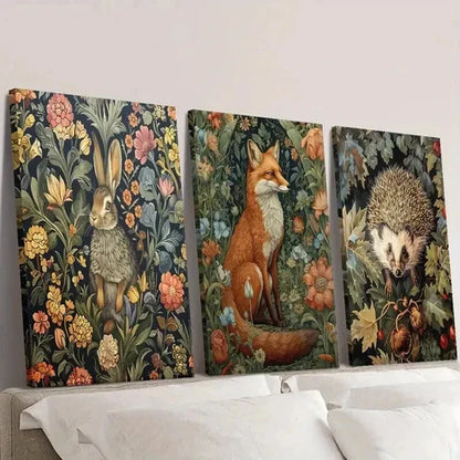 3pcs Bunny Fox Hedgehog with Flowers Wall Art Set Canvas Unframed - High Quality Print 100% Australian Made Wall Canvas - Bella Home Decor