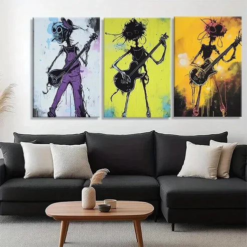 3pcs Funky Guitarist Skeleton Music Perfect Wall Art Canvas Unframed - High Quality Print 100% Australian Made Wall Canvas - Bella Home Decor