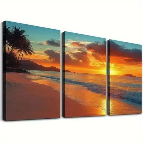 3pcs Palm Tree Beach Sunset Coastal Theme Wall Art Canvas Unframed - High Quality Print 100% Australian Made Wall Canvas