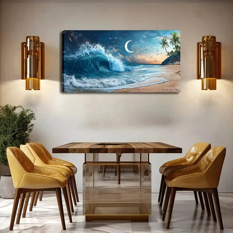 Serene Beach Scene Moonlit Wall Art Canvas Office Home Room Framed 120x60cm - Bella Home Decor