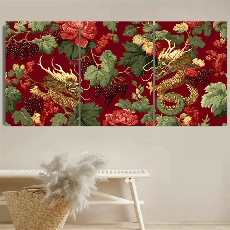 3pcs Chinese Dragons Pattern Farmhouse Art Wall Art Set Canvas Framed 60x90cm - High Quality Print 100% Australian Made Wall Canvas Ready to Hang - Bella Home Decor