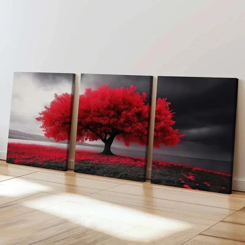 3pcs Serene Red Tree & Dark Sky Vibrant Wall Art Set Canvas Framed 60x90cm - High Quality Print 100% Australian Made Wall Canvas Ready to Hang