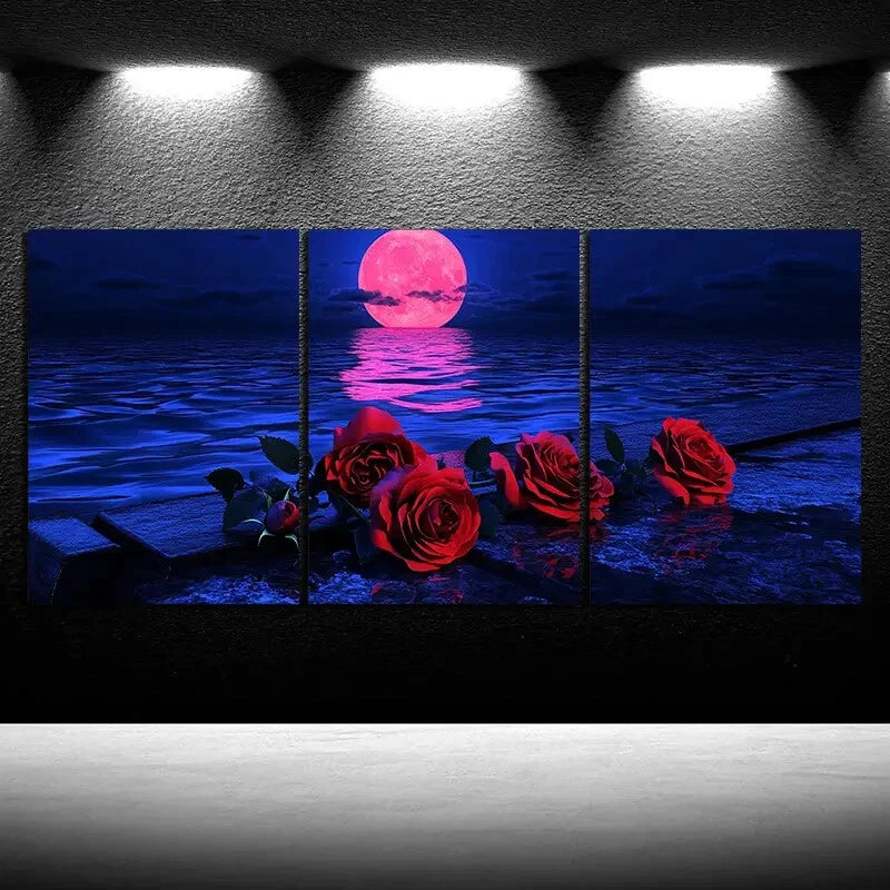 3pcs Rose Piano By The Sea Night View Metal Print Ready to Hang Art - Bella Home Decor