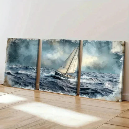 3pcs Sailing Boat Stormy Sea & Dark Clouds Wall Art Set Canvas Unframed - High Quality Print 100% Australian Made Wall Canvas