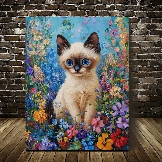 Cute Siamese Kitten in Vibrant Flower Garden Painting 40x60cm Metal Print Ready to Hang