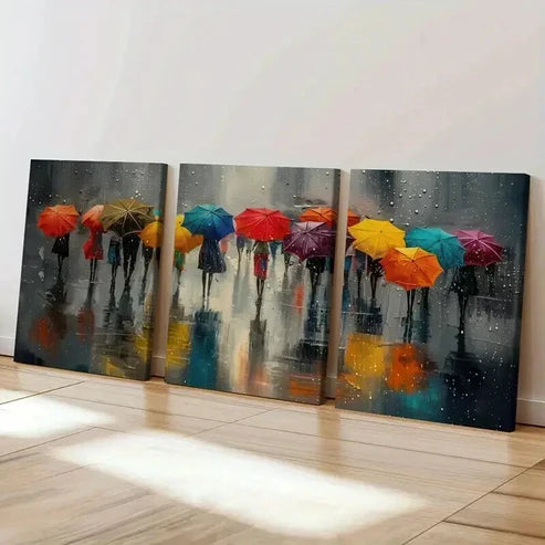 3pcs Rainy Day Colorful Umbrellas Wall Art Canvas Unframed - High Quality Print 100% Australian Made Wall Canvas