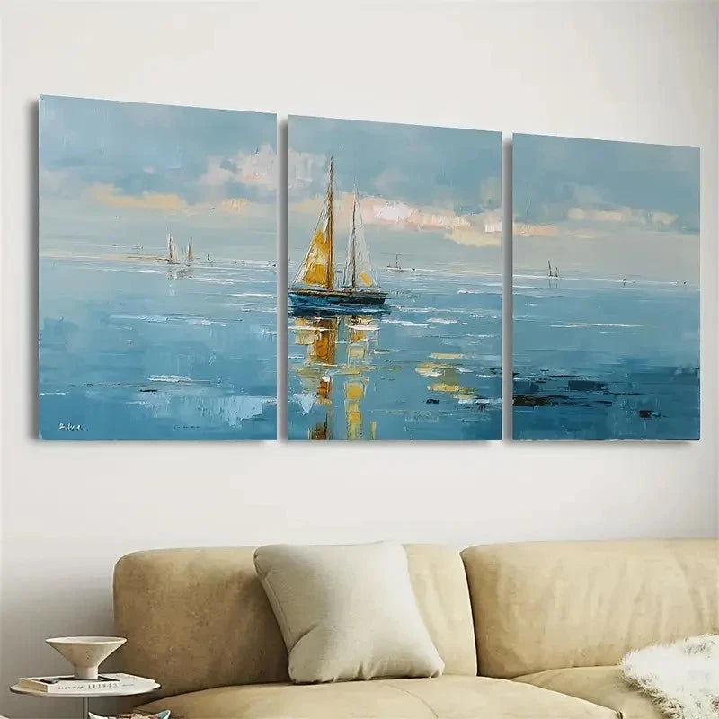 3pcs Nautical Sailboat Seascape Coastal View Wall Art Set Canvas Framed 50x70cm - High Quality Print 100% Australian Made Wall Canvas Ready to Hang