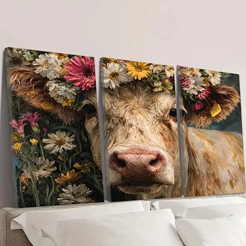 3pcs Cow painting, flower Wall Art Set Canvas Framed 40x60cm - High Quality Print 100% Australian Made Wall Canvas Ready to Hang - Bella Home Decor