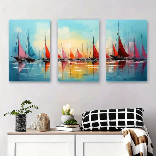 3pcs Colorful Yachts on Calm Water Wall Art Set Canvas Framed 40x60cm - High Quality Print 100% Australian Made Wall Canvas Ready to Hang