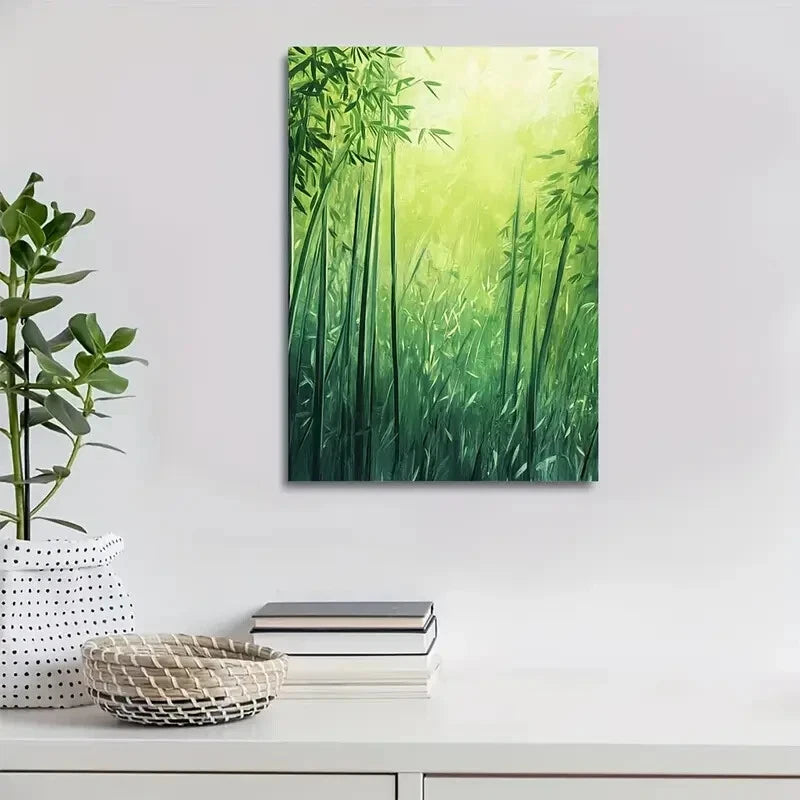 Serene Natural Scene with Sunlit Bamboo Stalk Painting 40x60cm Metal Print Ready to Hang - Bella Home Decor