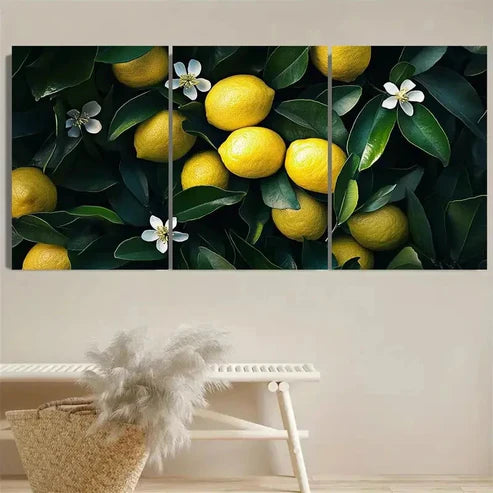 3pcs Vibrant Lemon & Floral Wall Art Set Canvas Unframed – High Quality Print, 100% Australian Made Wall Canvas - Bella Home Decor
