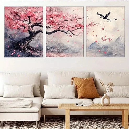 3pcs Cherry Blossom Tree and Flying Birds Wall Art Canvas Unframed - High Quality Print 100% Australian Made Wall Canvas - Bella Home Decor