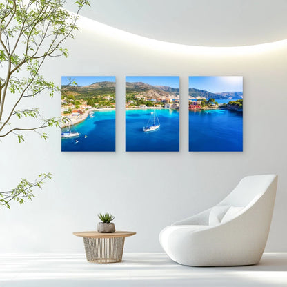 3pcs Colorful Houses Of Assos Village Bay Wall Art Set Canvas Framed 40x60cm - High Quality Print 100% Australian Made Wall Canvas Ready to Hang - Bella Home Decor