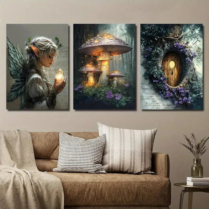 3pcs Fairy Girl and Mysterious Forest Mushrooms Wall Art Set Canvas Framed 40x60cm - High Quality Print 100% Australian Made Wall Canvas Ready to Hang